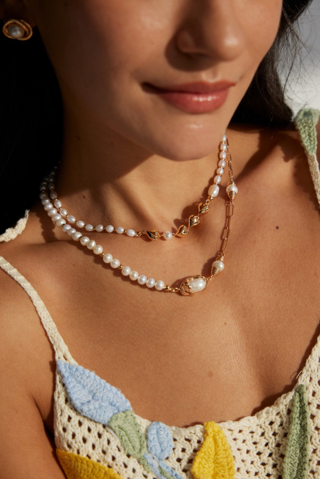 The "Heartbeat of the Sea" Necklace - Natural Pearl & Gilded Hearts