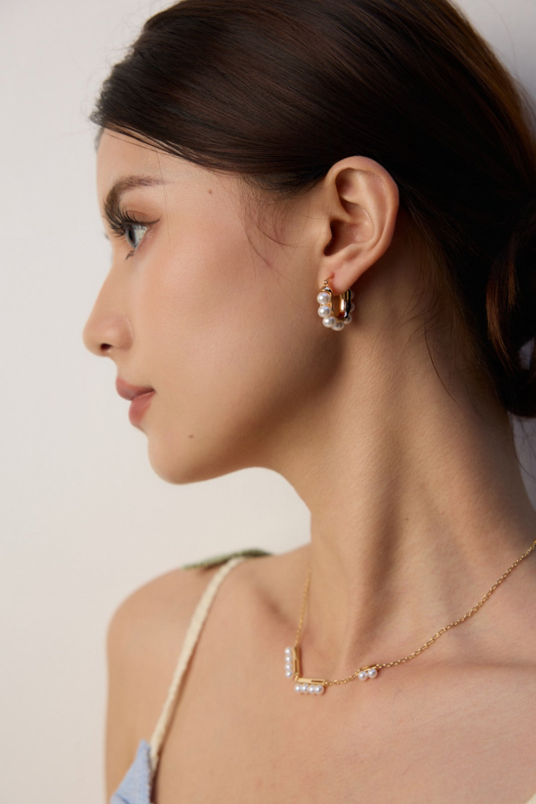 The "Dewdrop Rhythm" Collection - Linear Pearl Necklace & Huggie Earrings in S925 Silver