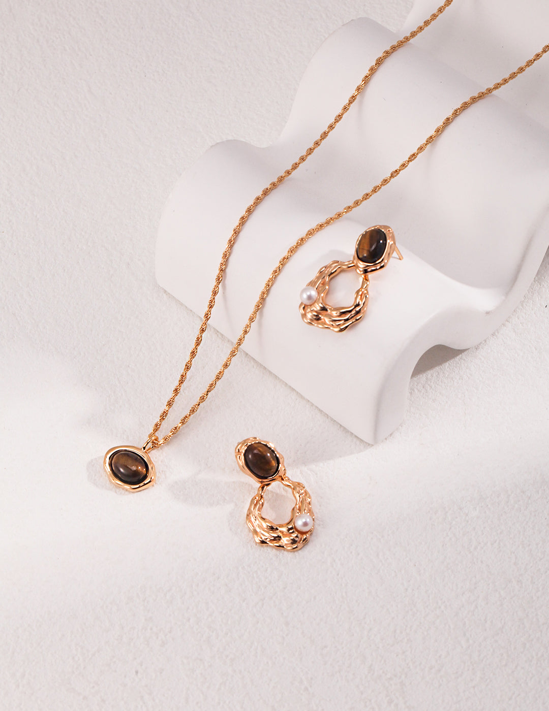 The "Twilight Oasis" Drop Earrings - Natural Tiger’s Eye, Pearl & Molten S925 Silver