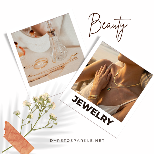 Minimalist jewelry aesthetic styling featuring stacked gold plated bracelet and layering necklaces, worn by a customer in natural sunlight.
