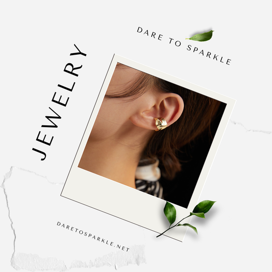 Dare to Sparkle Vol. 9 Journal graphic displaying a polaroid-style snapshot of a model wearing a wide, minimalist sterling silver ear cuff with an 18k gold plated fluid molten metal texture on her cartilage.