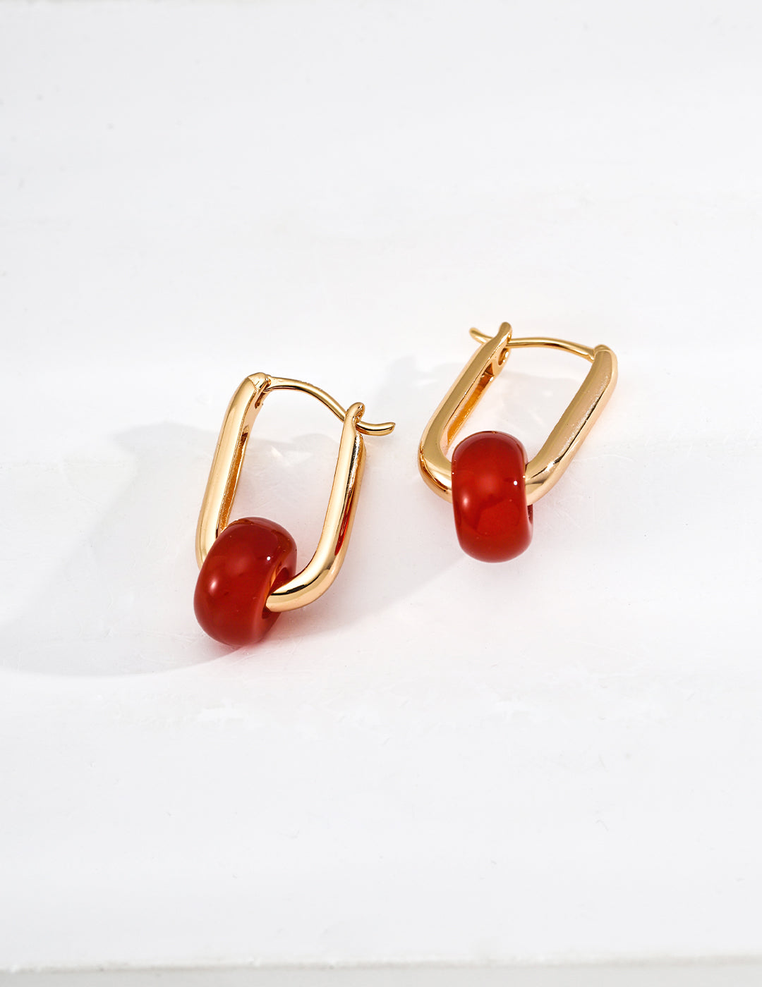 Vintage drop earrings with natural red agate gemstones in gold plated sterling silver