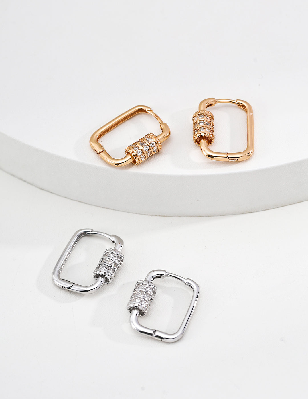 Dare To Sparkle - Geometric square carabiner hoop earrings with sparkling cz crystals in silver and gold finishes