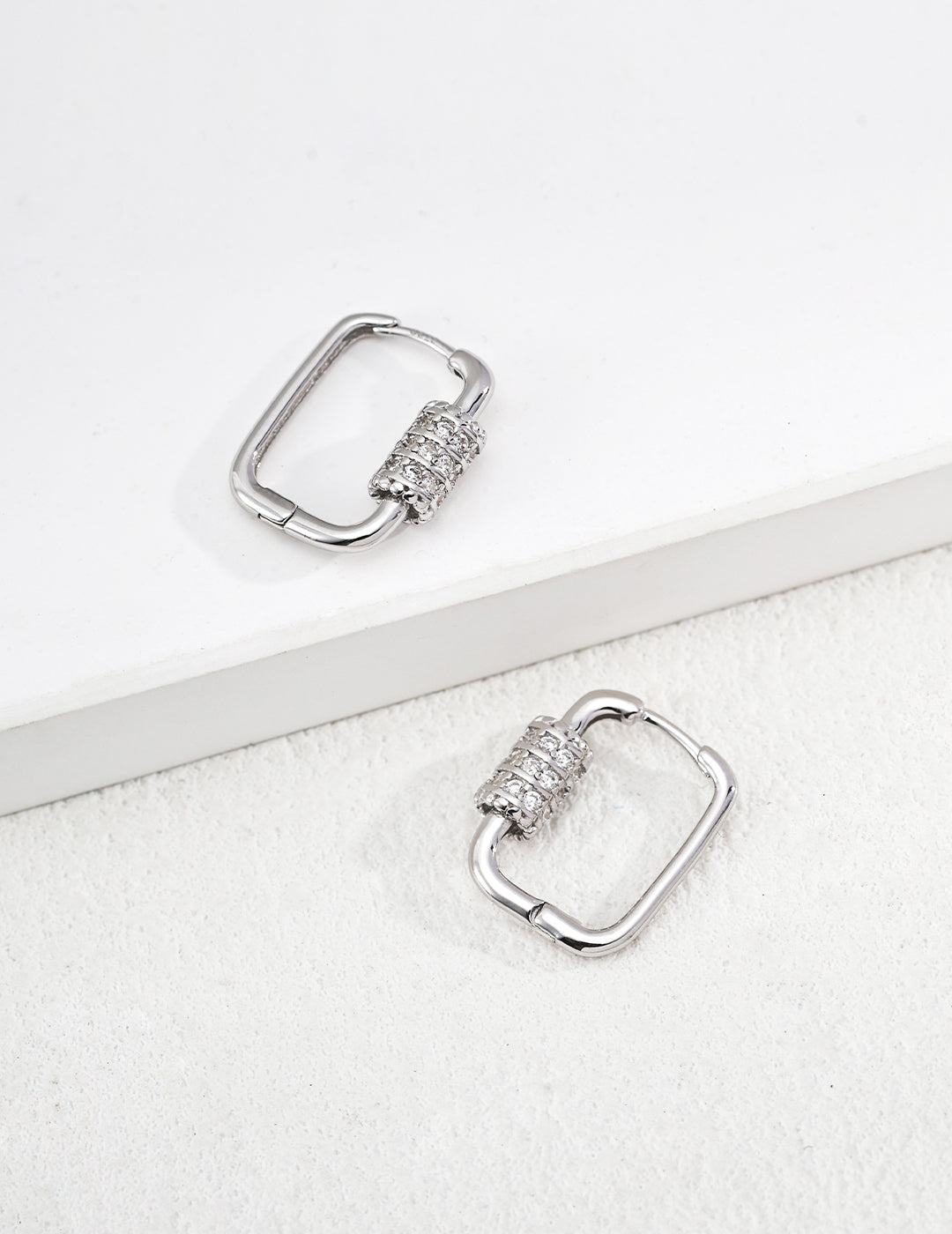 Geometric square carabiner hoop earrings with sparkling cz crystals in silver finishes