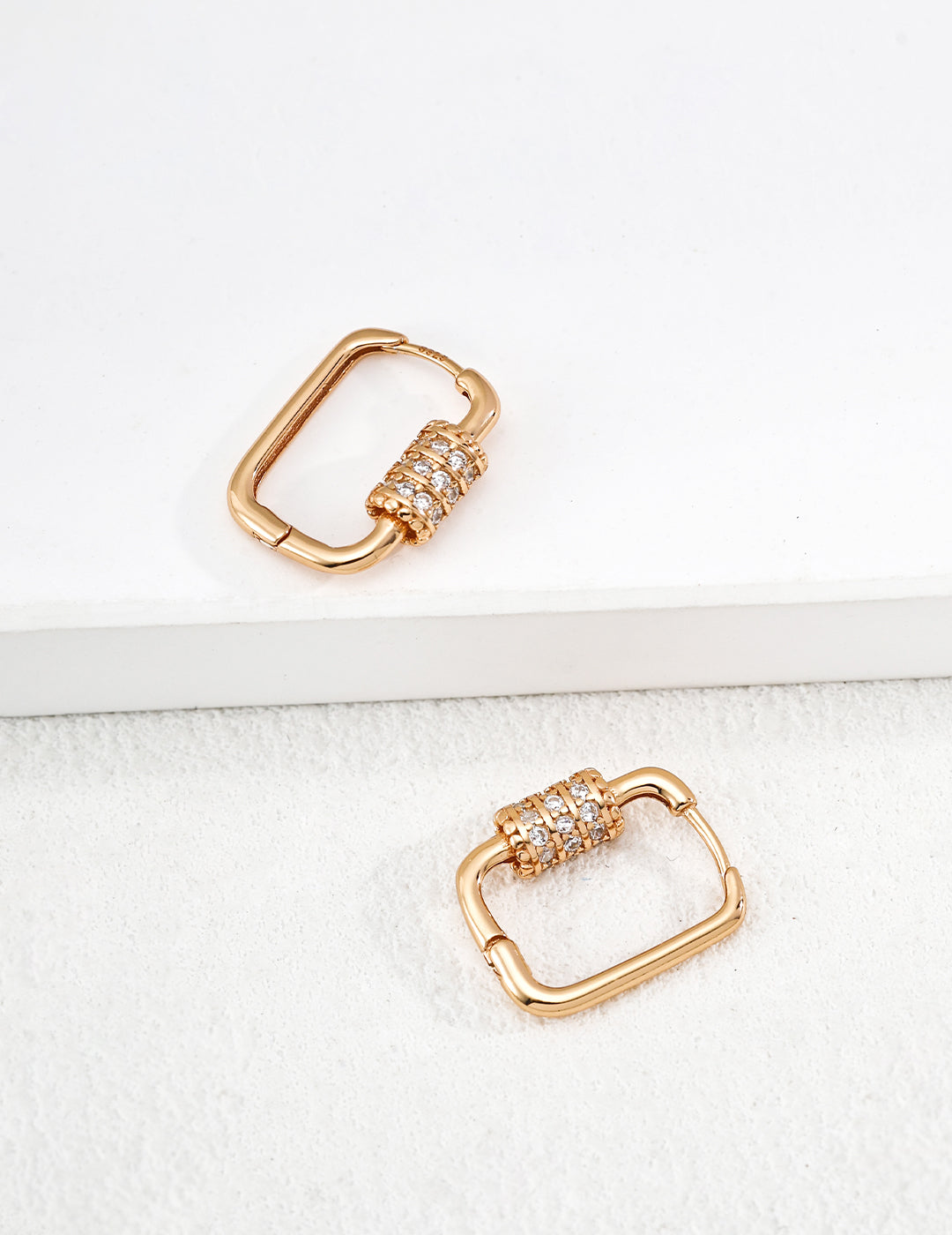 Geometric square carabiner hoop earrings with sparkling cz crystals in gold finishes