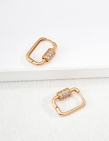 Geometric square carabiner hoop earrings with sparkling cz crystals in gold finishes