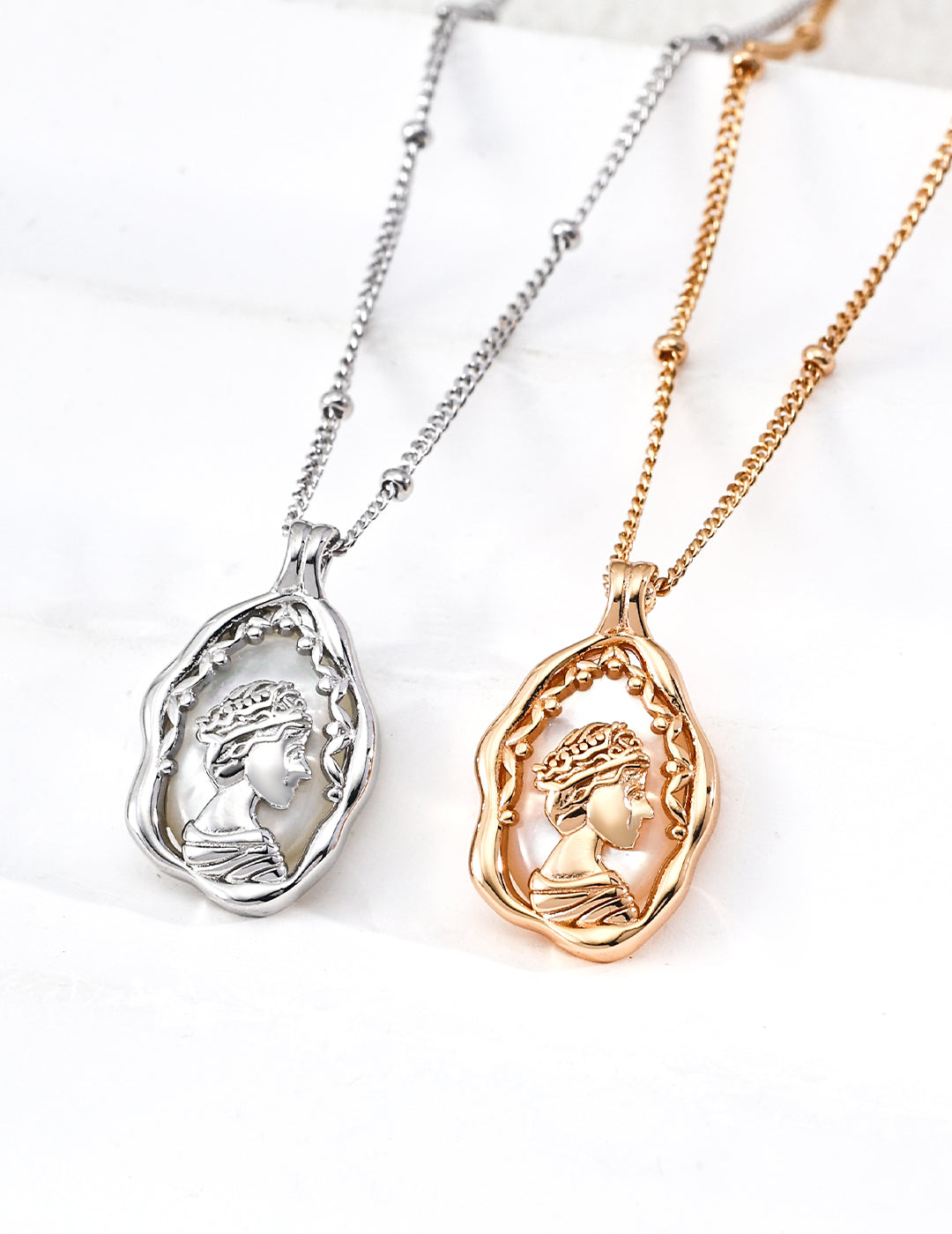 Dare To Sparkle - Vintage queen cameo pendant necklace with natural mother of pearl shell background and liquid fluid frame with wheat ear details in silver and gold
