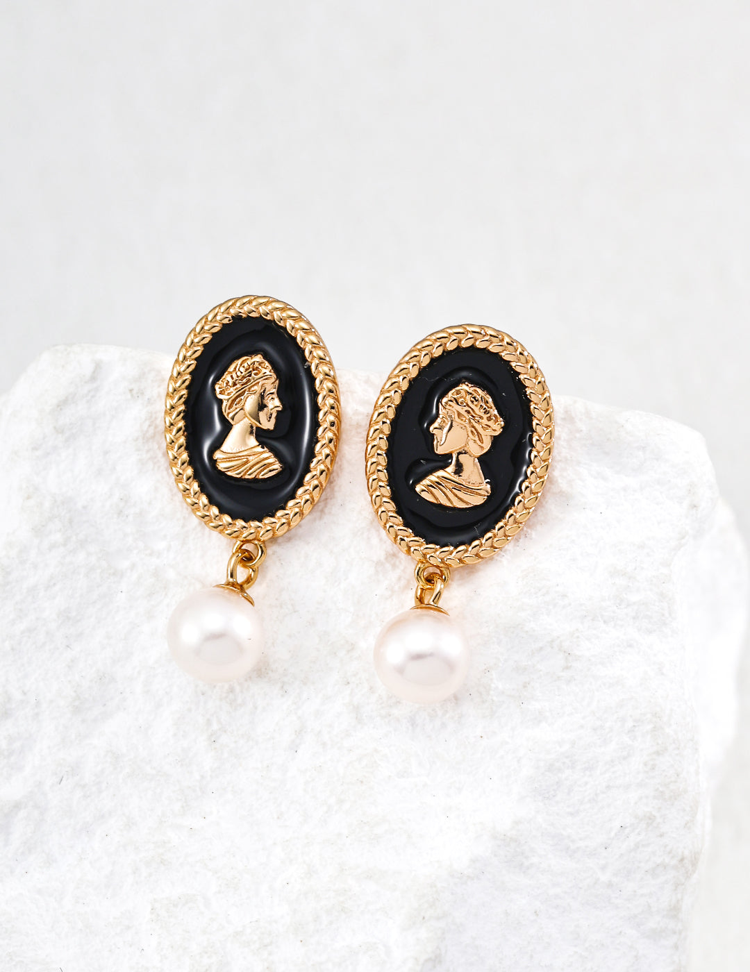 Dare To Sparkle - Vintage gold queen cameo drop earrings with premium black enamel backdrop and dangling natural freshwater pearls