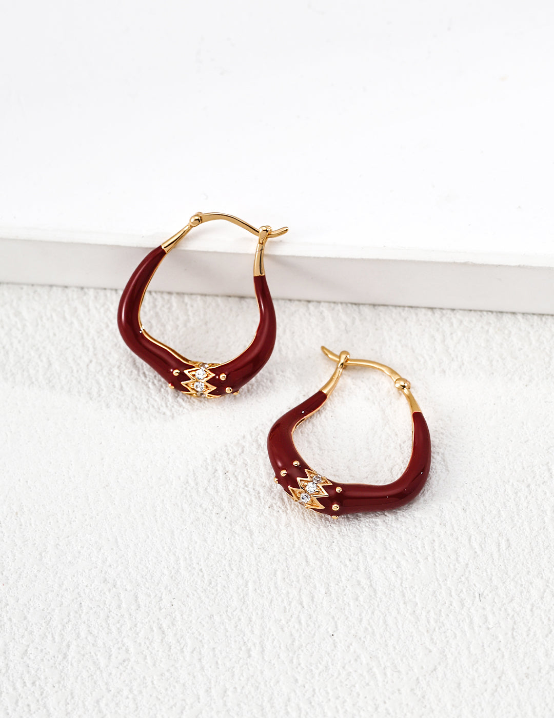 Dare To Sparkle - Vintage gold hoop earrings with premium burgundy red enamel and central gold cz crystal crown detail accents