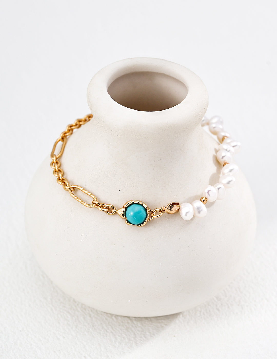 Dare To Sparkle - Statement asymmetric bracelet featuring half gold vintage chain and half freshwater pearls with natural green turquoise gemstone accents