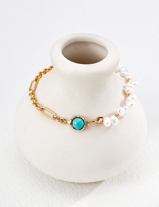 The "Serene Voyager" Bracelet - Natural Pearl & Turquoise in Gilded Silver