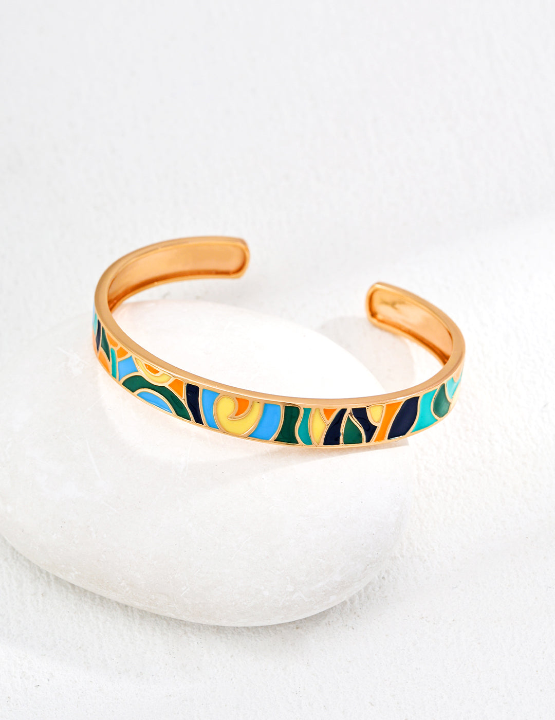 Dare To Sparkle - Vibrant artistic open cuff bangle with multi-color hand-painted enamel abstract oil painting motifs in high polished gold finish