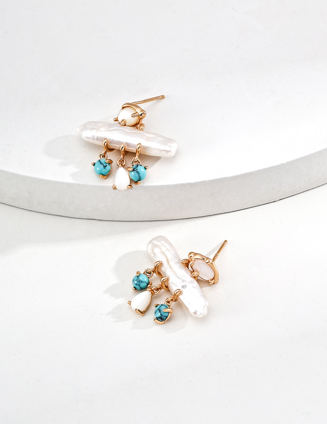 Dare To Sparkle - Coastal vintage gold stud earrings with natural baroque stick pearls and dangling mini turquoise and white shell charms