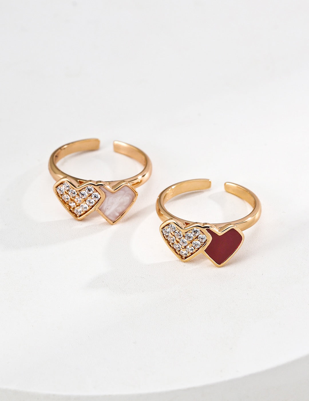 Dare To Sparkle - Romantic enamel heart open adjustable rings with a central sparkling cz crystal in vibrant red and gold finishes