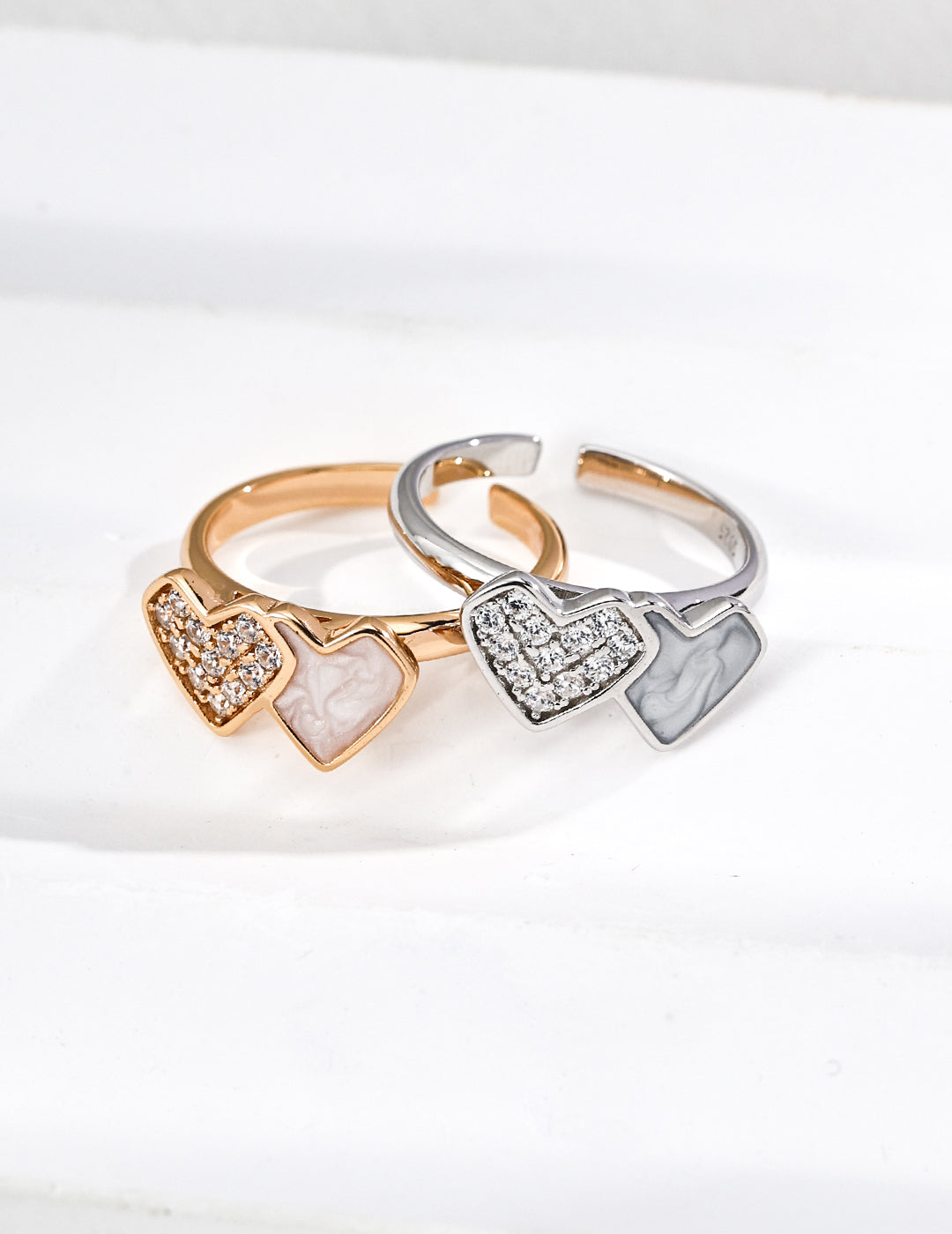 Dare To Sparkle - Romantic enamel heart open adjustable rings with a central sparkling cz crystal in vibrant silver and gold finishes