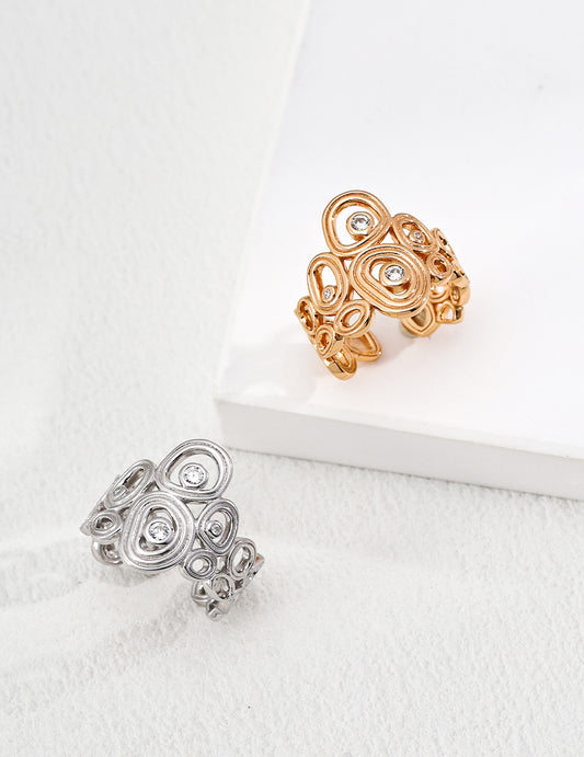 Dare To Sparkle - Statement wide hollow open adjustable rings featuring artistic fluid cells and embedded cz crystals in silver and gold