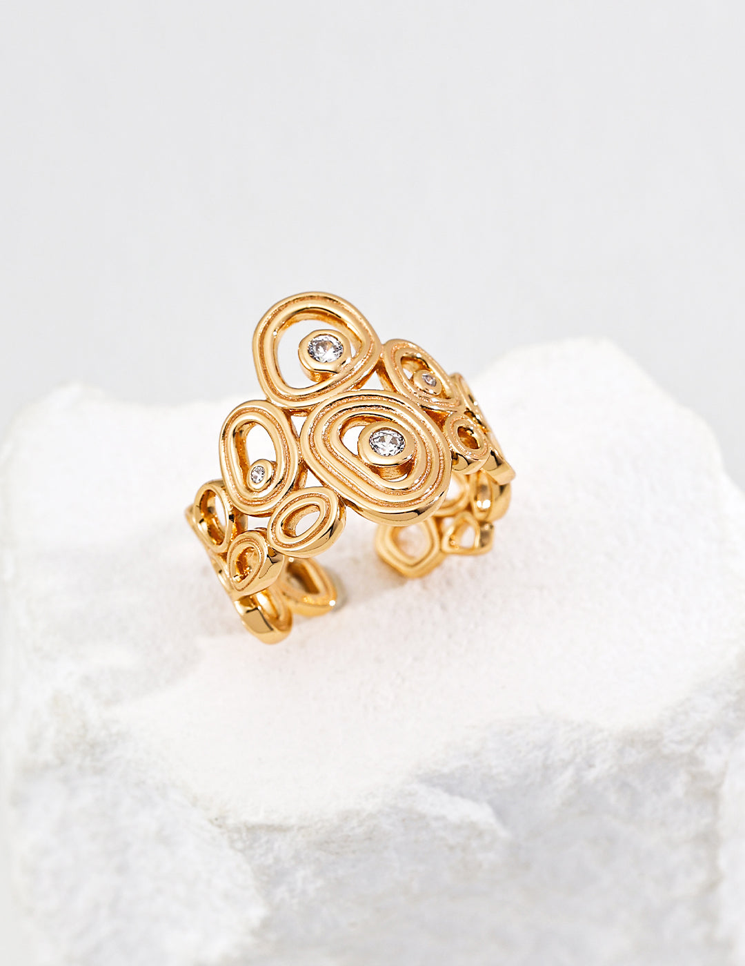 Dare To Sparkle - Statement wide hollow open adjustable rings featuring artistic fluid cells and embedded cz crystals in gold