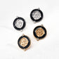 Dare To Sparkle - Chinoiserie chic round stud earrings with black enamel borders centering a metallic bamboo relief plaque with micro cz gems in gold and silver