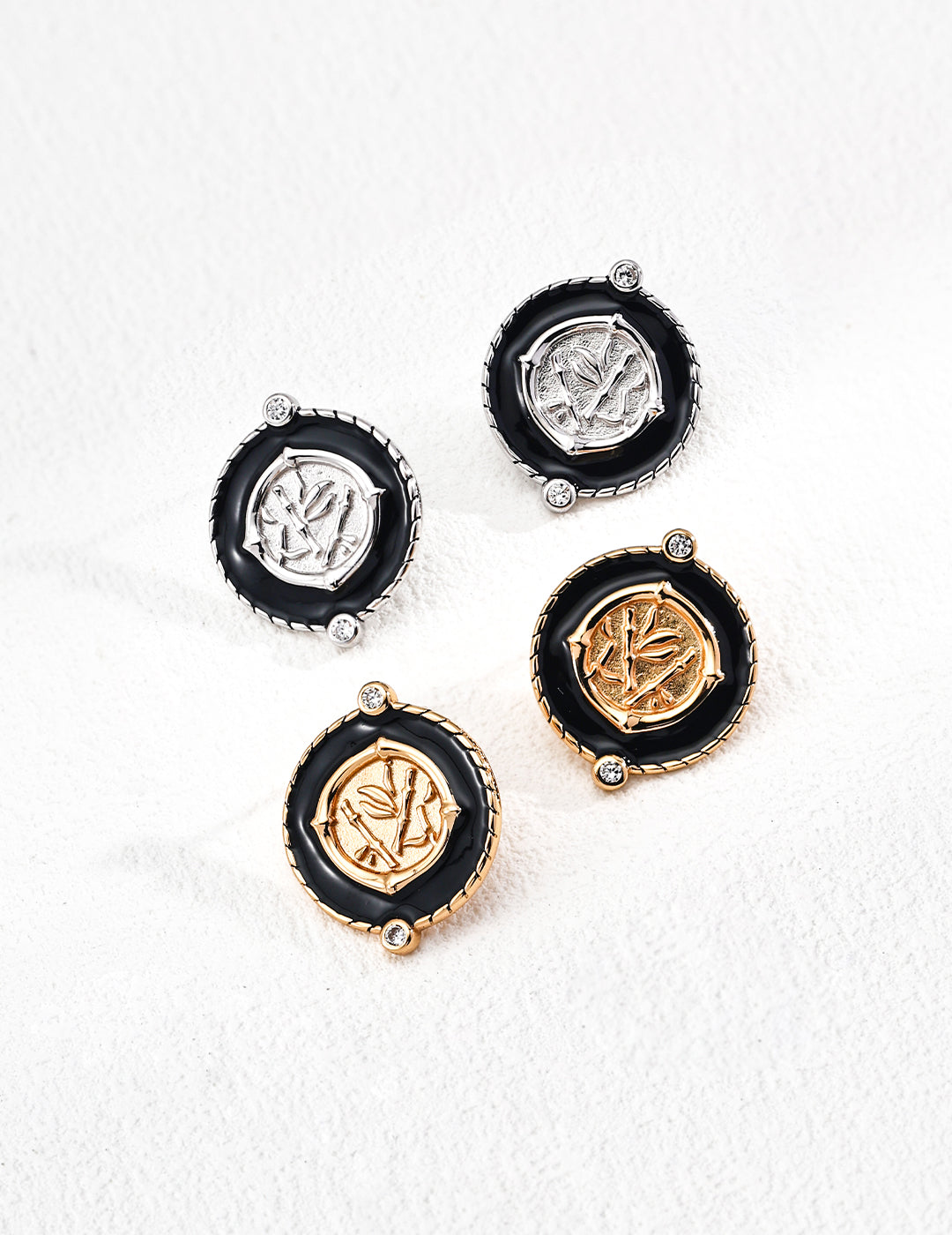 Dare To Sparkle - Chinoiserie chic round stud earrings with black enamel borders centering a metallic bamboo relief plaque with micro cz gems in gold and silver