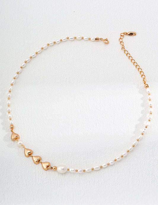The "Heartbeat of the Sea" Necklace - Natural Pearl & Gilded Hearts