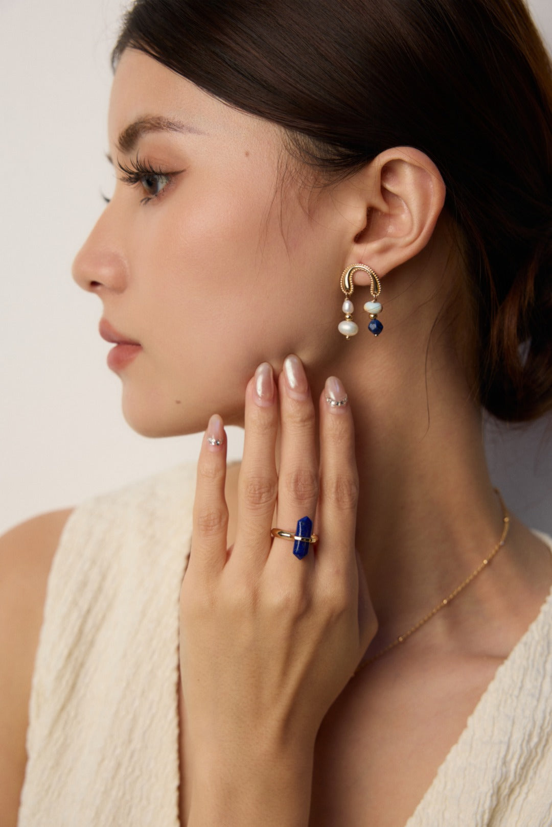 The "Earthly Muse" Drop Earrings - Lapis Lazuli, Shoushan Stone & Pearl in S925 Silver