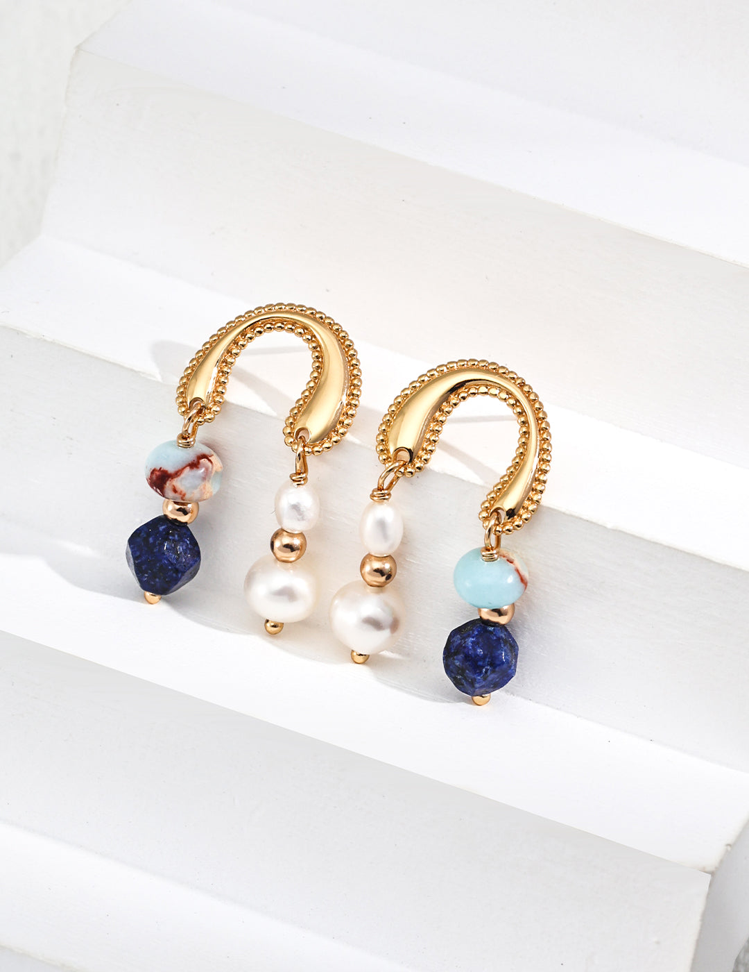 The "Earthly Muse" Drop Earrings - Lapis Lazuli, Shoushan Stone & Pearl in S925 Silver