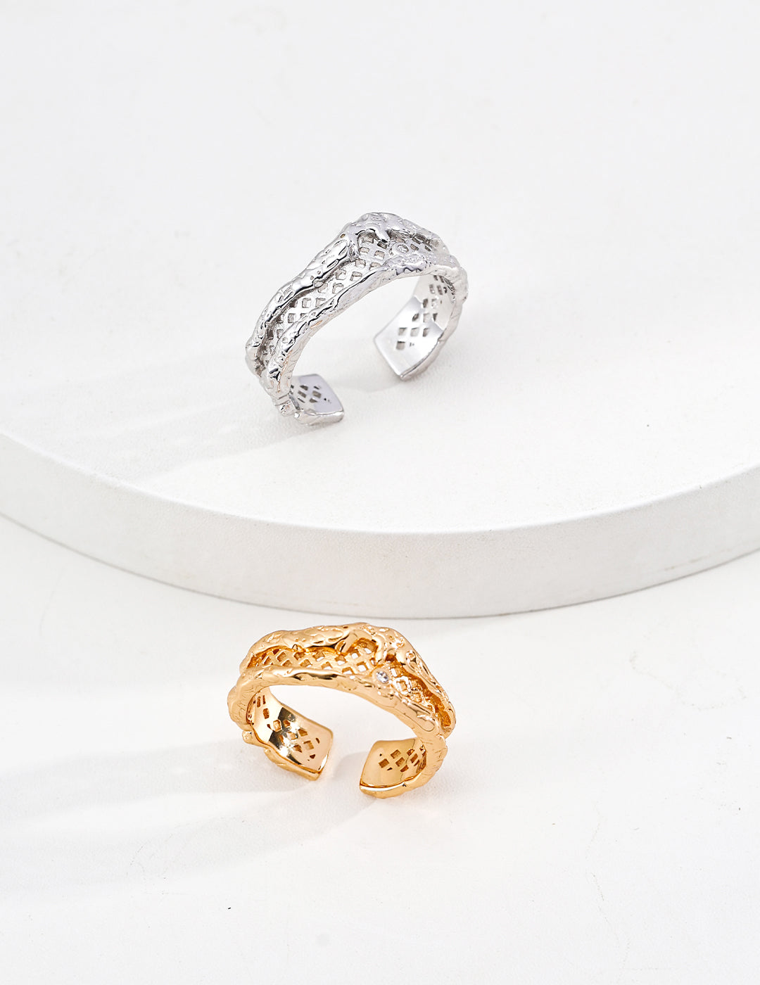 Dare To Sparkle - Statement wide multi-layered open adjustable rings featuring an organic deconstructive molten metal architectural texture in silver and gold