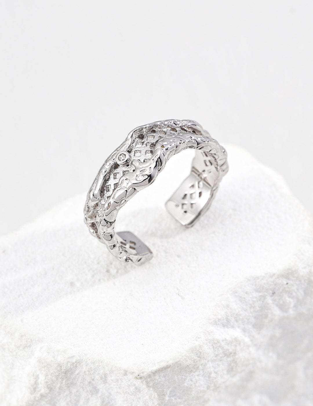Dare To Sparkle - Statement wide multi-layered open adjustable rings featuring an organic deconstructive molten metal architectural texture in silver