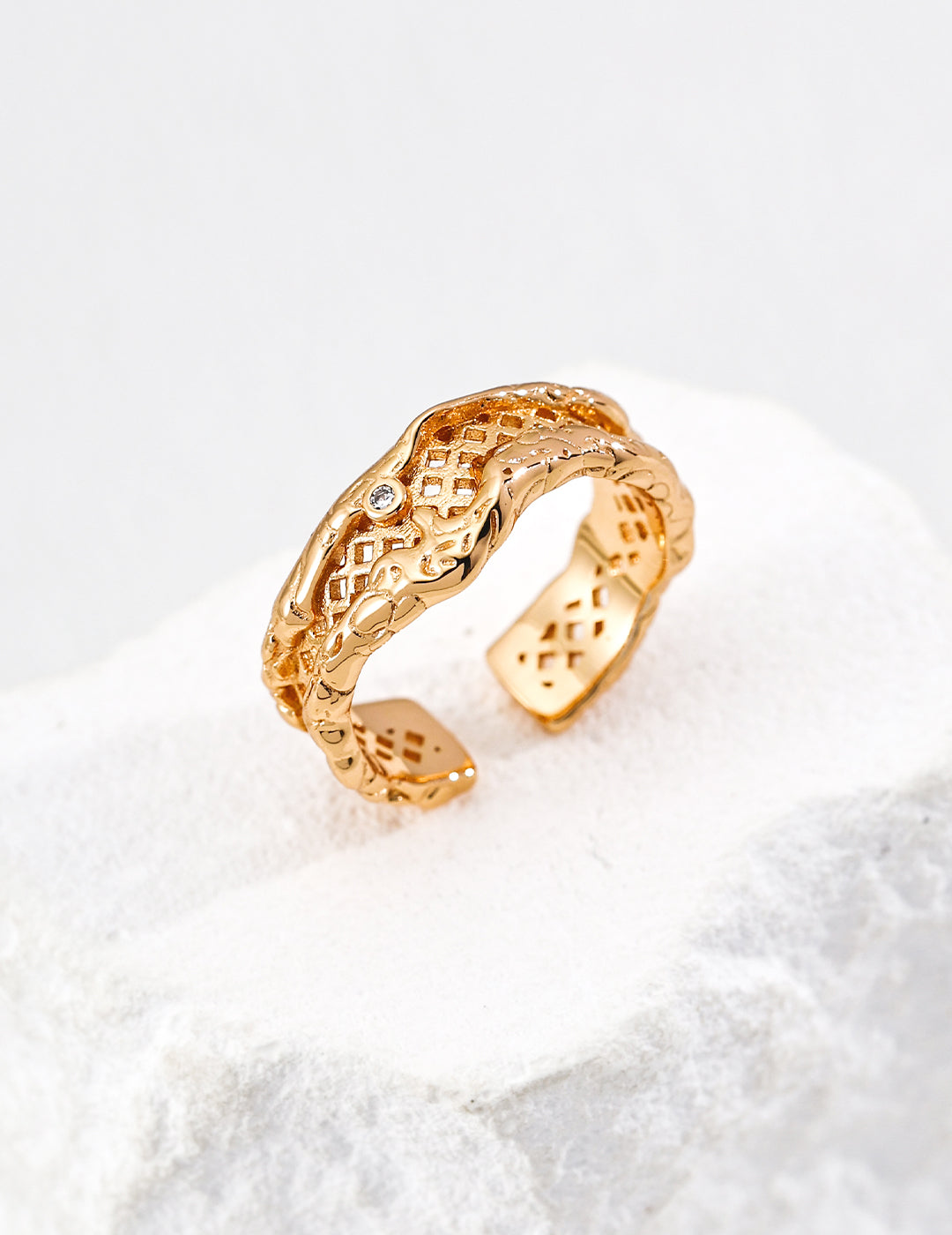 Dare To Sparkle - Statement wide multi-layered open adjustable rings featuring an organic deconstructive molten metal architectural texture in gold
