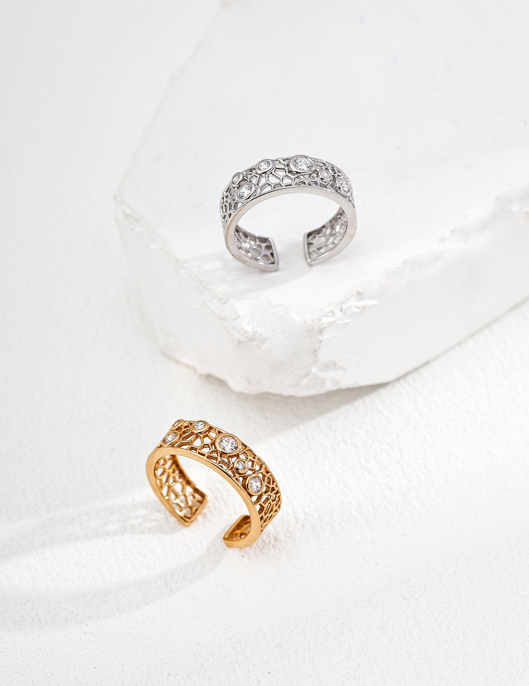 Dare To Sparkle - Statement wide hollow woven open adjustable rings featuring interlacing waterdrop frames and embedded round cz crystals in silver and gold