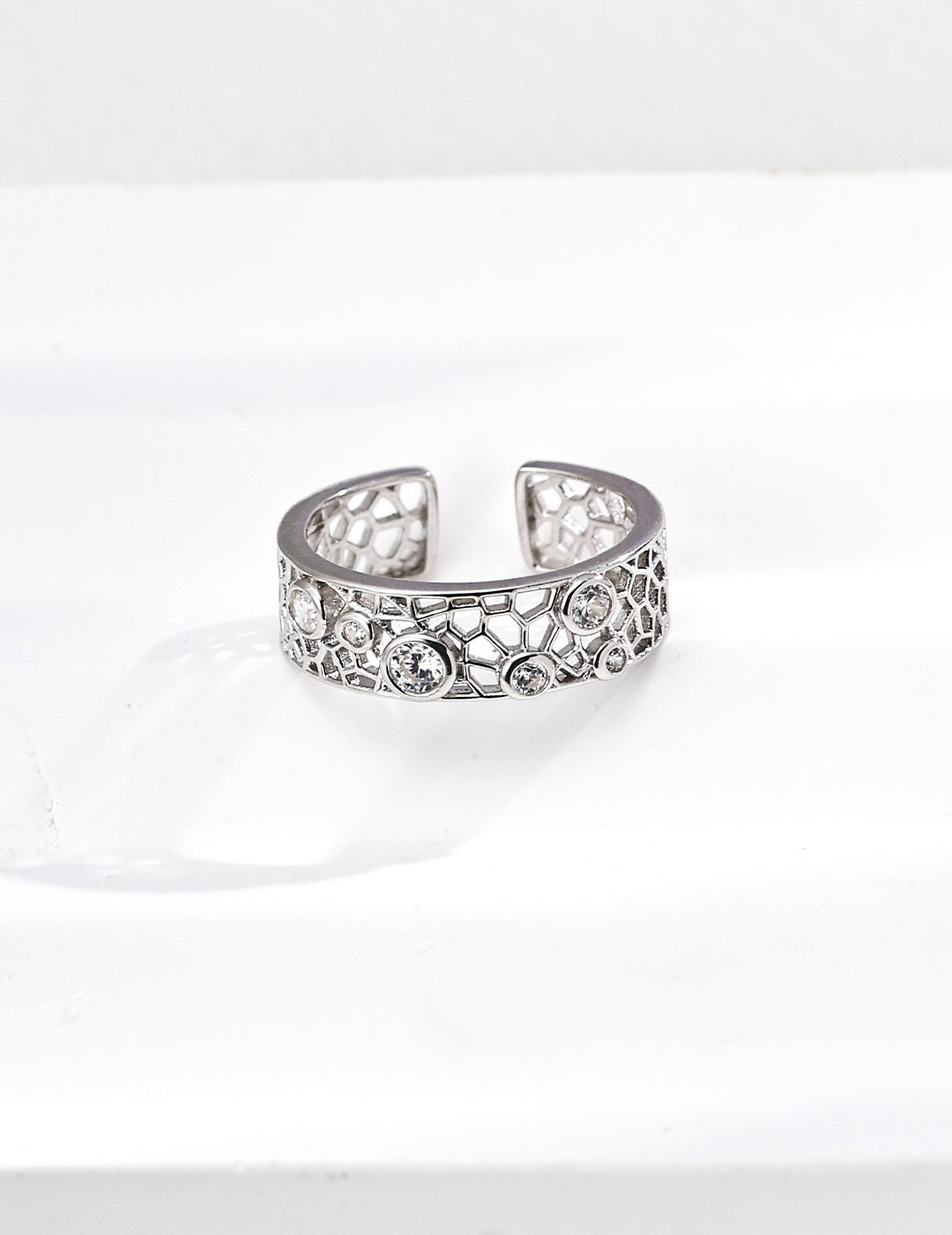 Dare To Sparkle - Statement wide hollow woven open adjustable rings featuring interlacing waterdrop frames and embedded round cz crystals in silver