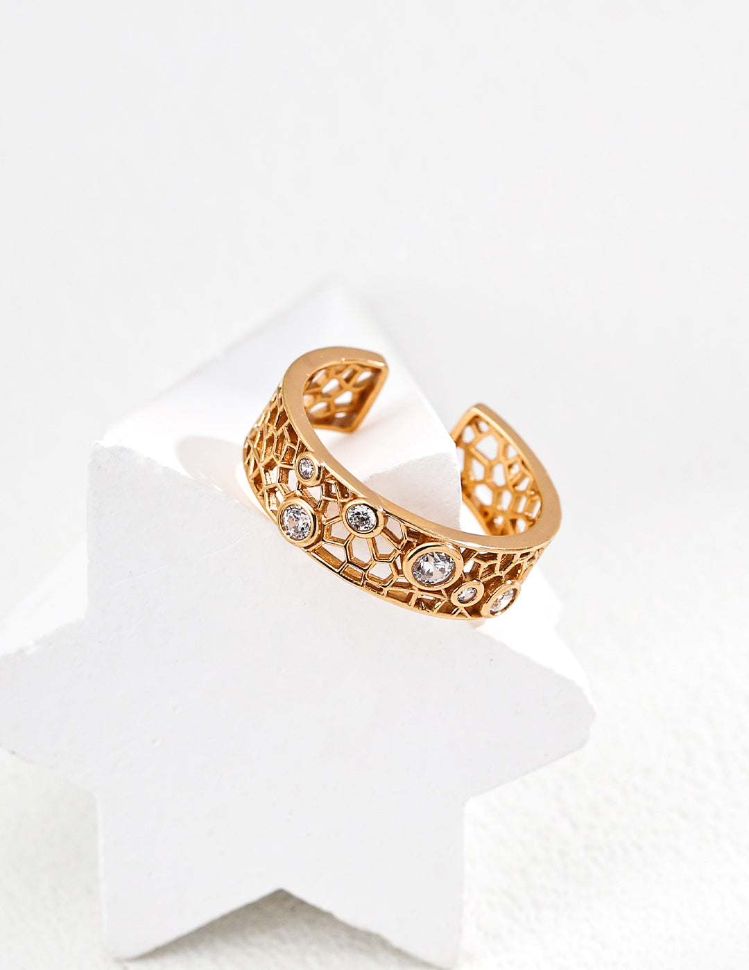 Dare To Sparkle - Statement wide hollow woven open adjustable rings featuring interlacing waterdrop frames and embedded round cz crystals in gold
