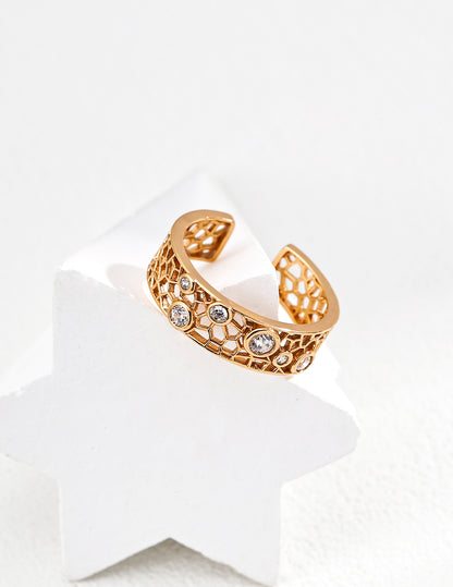Dare To Sparkle - Statement wide hollow woven open adjustable rings featuring interlacing waterdrop frames and embedded round cz crystals in gold