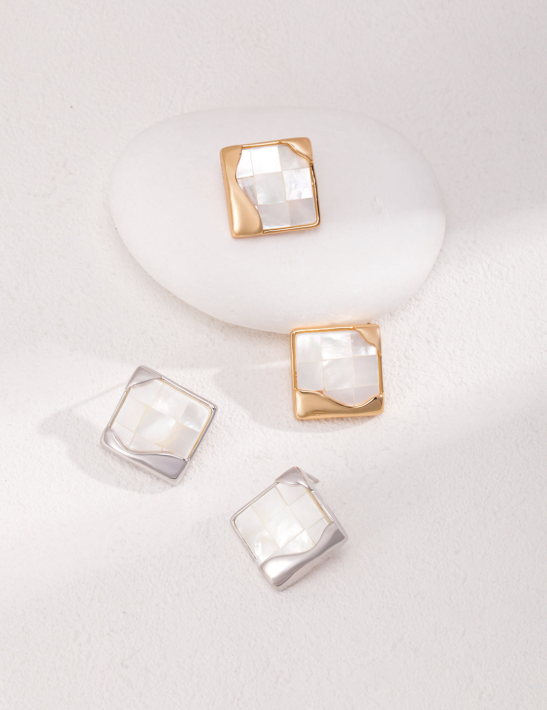 Dare To Sparkle - Statement square stud earrings with a handmade mother-of-pearl mosaic checkerboard pattern and an asymmetric fluid molten metal corner in gold and silver