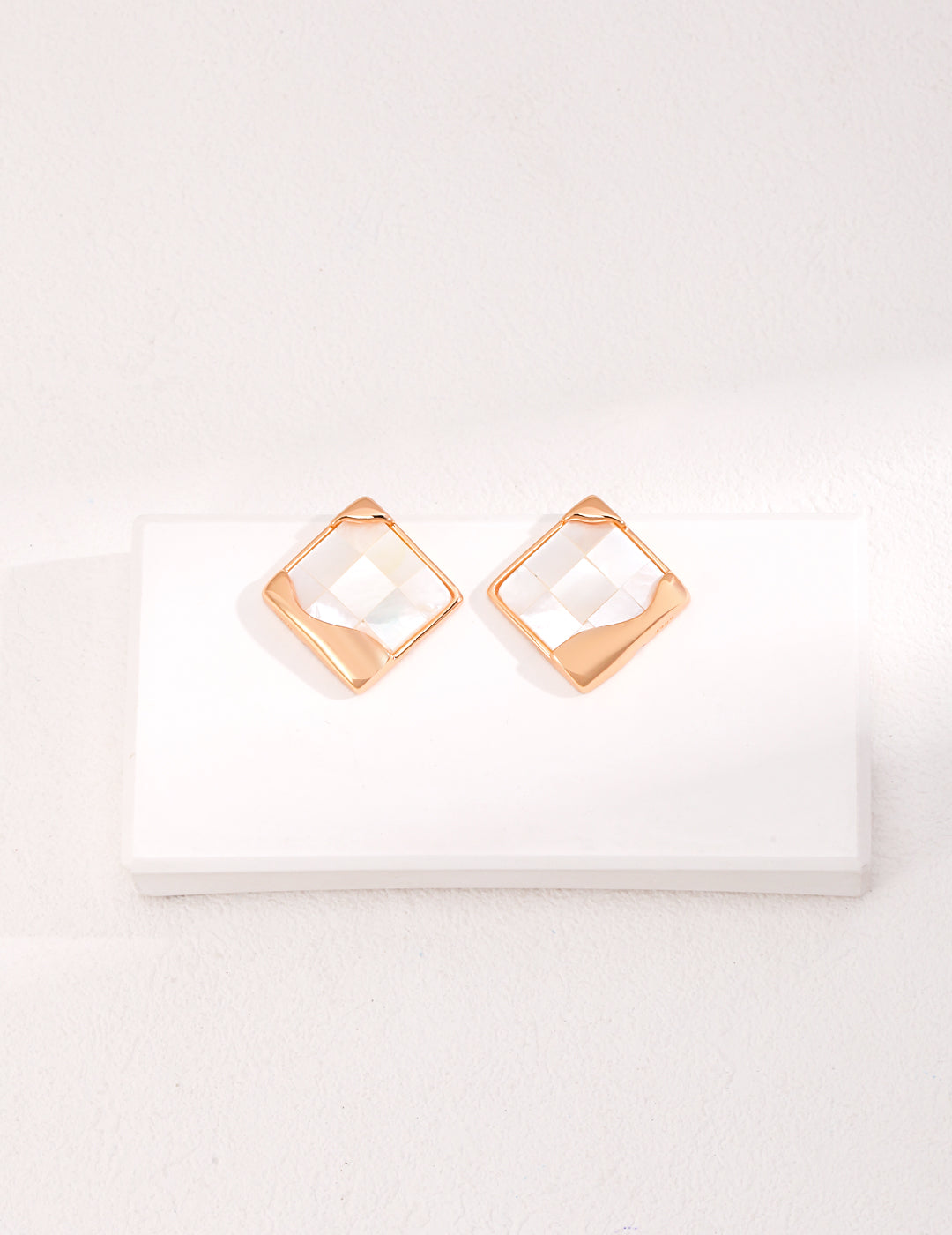 Dare To Sparkle - Statement square stud earrings with a handmade mother-of-pearl mosaic checkerboard pattern and an asymmetric fluid molten metal corner in gold