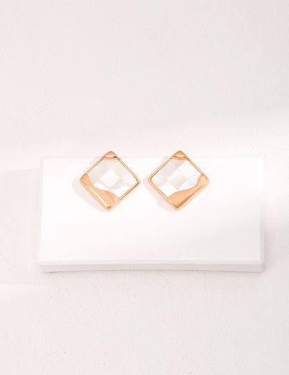 Dare To Sparkle - Statement square stud earrings with a handmade mother-of-pearl mosaic checkerboard pattern and an asymmetric fluid molten metal corner in gold