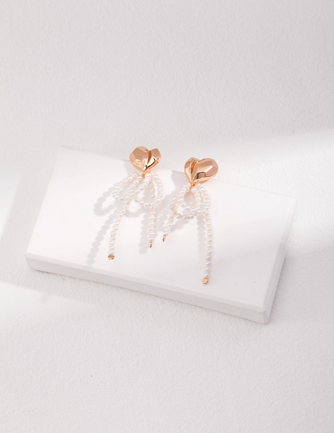 Dare To Sparkle - 3D Heart Bow Pearl Drop Earrings in gold plated sterling silver romantic aesthetic
