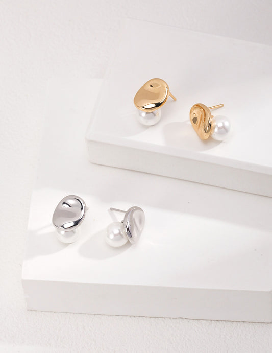 The "Liquid Moonlight" Stud Earrings - Sculpted Metal & Premium Shell Pearl