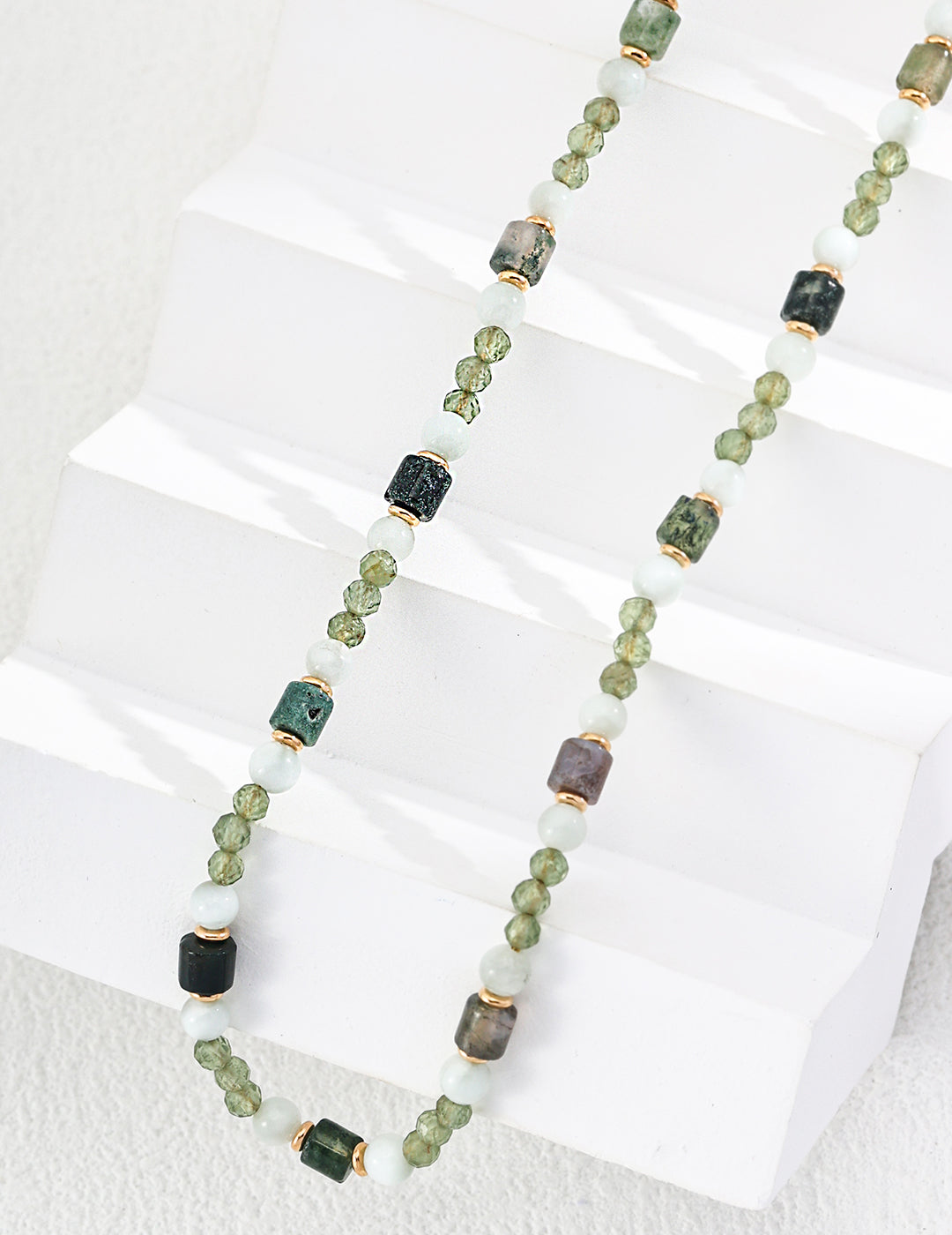 Dare To Sparkle - Art-gallery style beaded strand necklace featuring multi-shaped natural green moss agates, faceted micro beads, and earth-tone stone cylinders