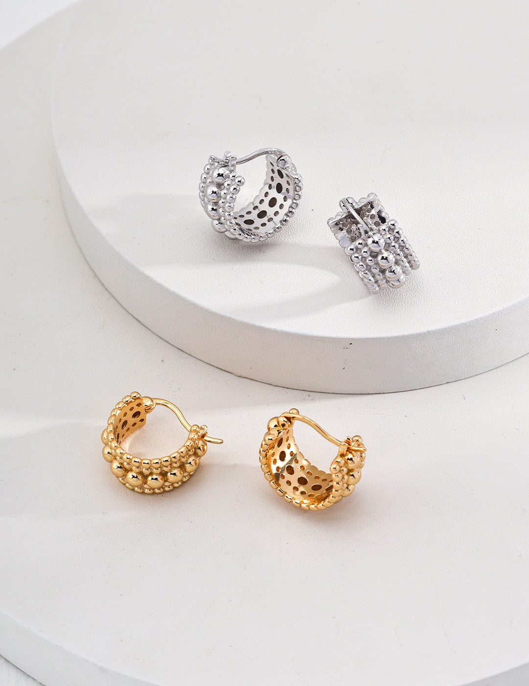 The "Caviar Orb" Huggies - Triple-Row Granulated S925 Sterling Silver