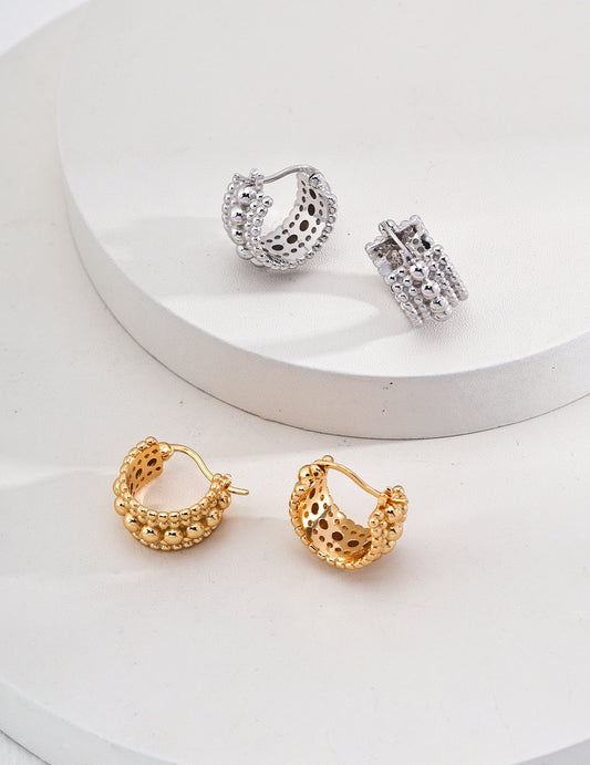 The "Caviar Orb" Huggies - Triple-Row Granulated S925 Sterling Silver