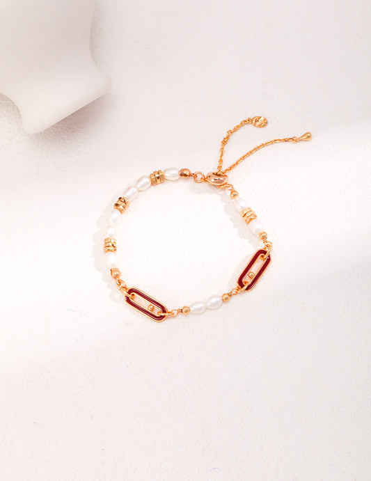 The "Crimson Rhythm" Slider Bracelet - Enamel Link & Freshwater Pearl in S925 Silver