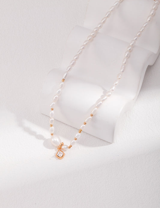 The "Morning Radiance" Choker - Delicate Freshwater Pearl & Square Zirconia in S925 Silver