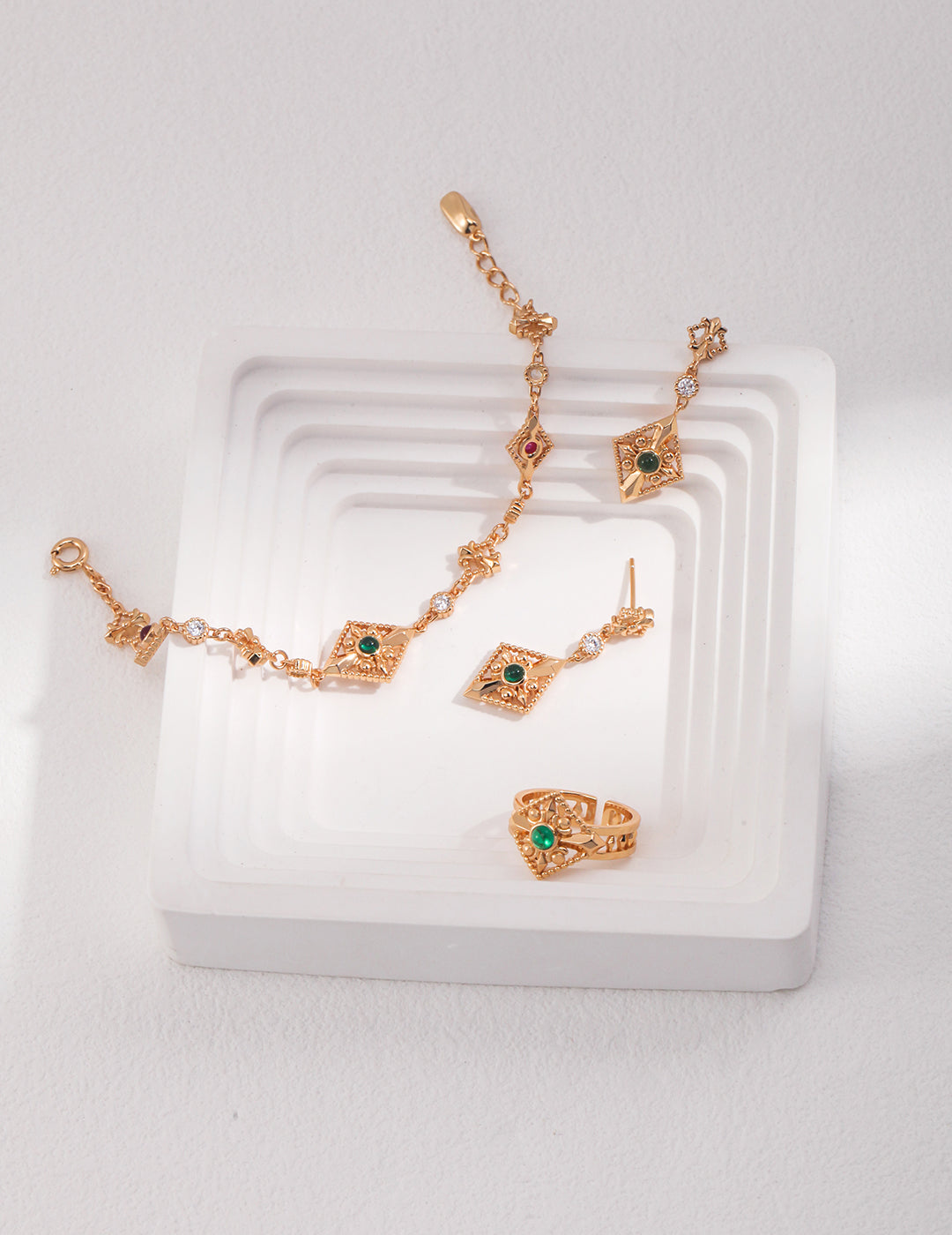 Dare To Sparkle - French style minimalist jewelry set featuring premium silver prong-set radiant square cubic zirconia pendant necklace, open ring, and stud earrings