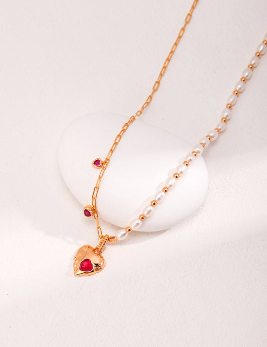 The "Crimson Pulse" Necklace - Ruby Corundum Heart & Asymmetrical Pearl in S925 Silver