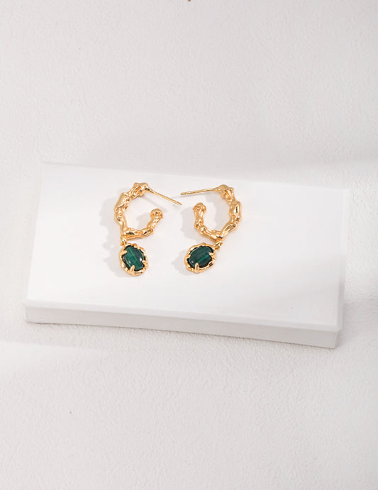 The "Verdant Oasis" Drop Earrings - Natural Malachite & Molten S925 Silver