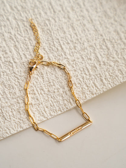 Dare To Sparkle - Custom Name Bar Bracelet with elegant paperclip chain in 18k gold plated sterling silver